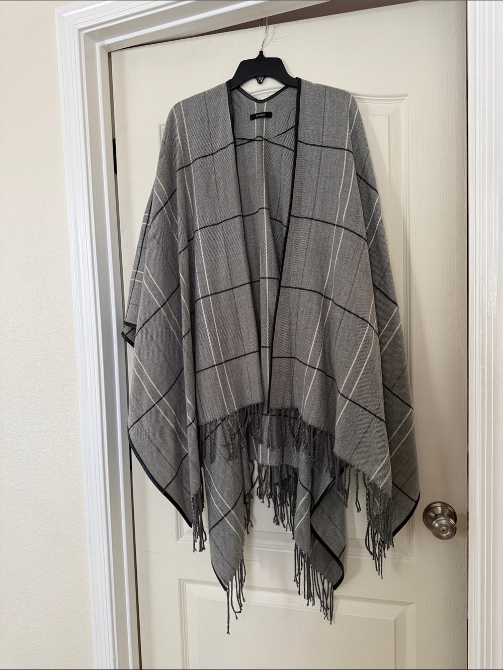 Gray Plaid Fringe Poncho Cape - Classic Open Front Wrap